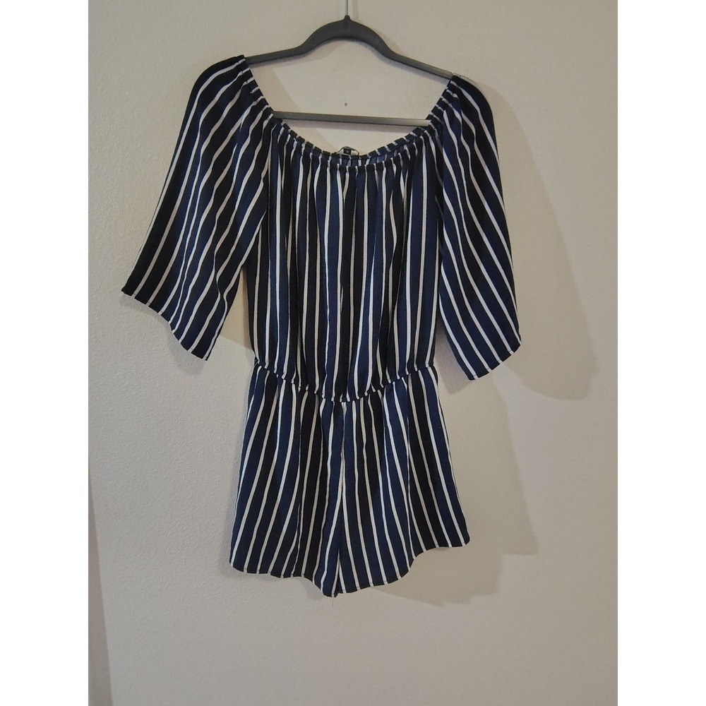 Ambiance Navy Blue White Striped Off Shoulder Romper Womens Medium Half Sleeve